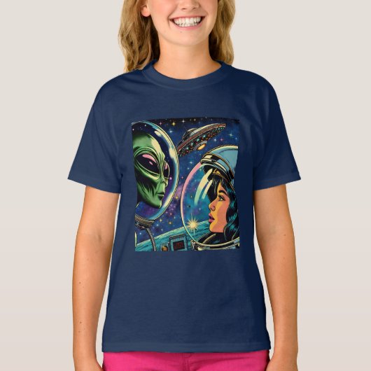 Vrouw astronaut ontmoet buitenaardse alien t-shirt (Voorkant)