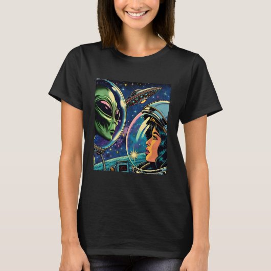Vrouw astronaut ontmoet buitenaardse alien t-shirt (Voorkant)