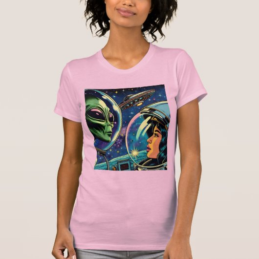 Vrouw astronaut ontmoet buitenaardse alien t-shirt (Voorkant)