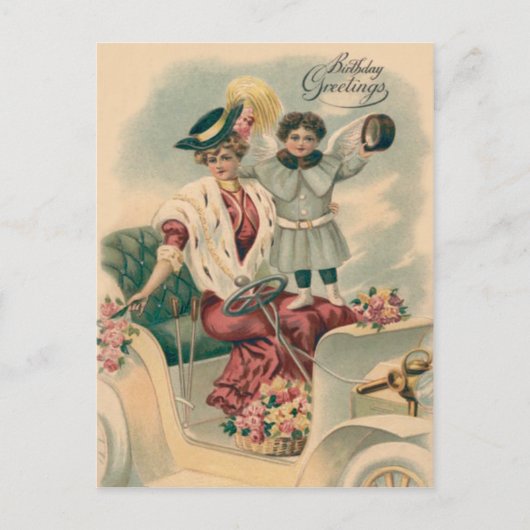 Vrouw Auto Cherubijn Engel Rozen Briefkaart (Voorkant)