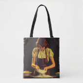 Vrouw bakt vintage tote bag (Voorkant)