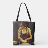 Vrouw bakt vintage tote bag (Achterkant)