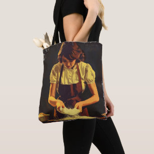 Vrouw bakt vintage tote bag
