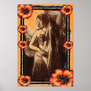 Vrouw Belly Dancer met Red Flowers Poster