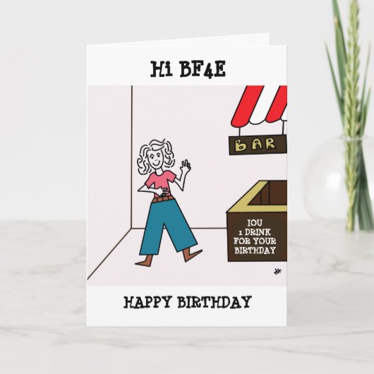 Vrouw bij Bar IOU Tekening - BF4E Happy Birthday Kaart (Voorkant)