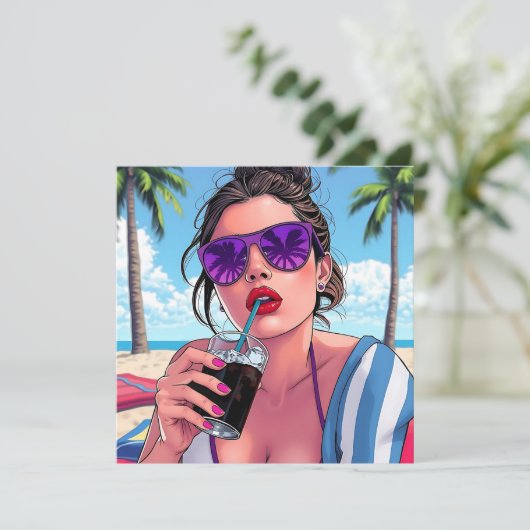  vrouw bij Beach Pop Art Blank Kaart (Staand voorkant)