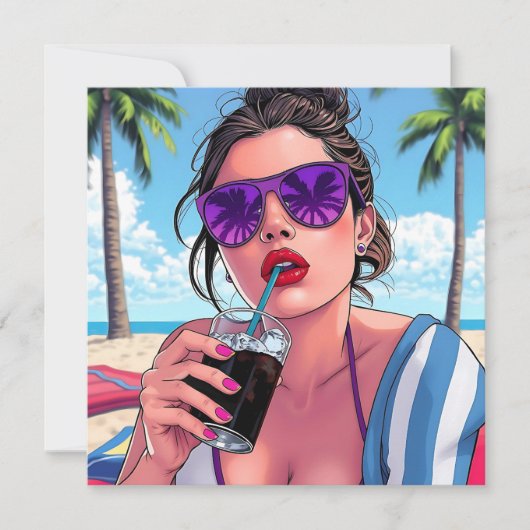  vrouw bij Beach Pop Art Blank Kaart (Voorkant)