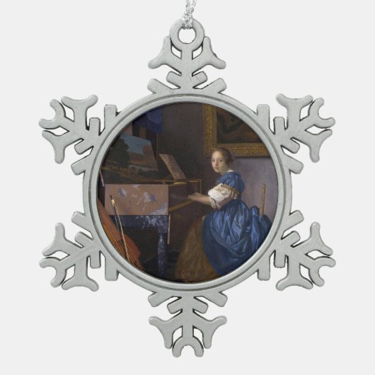 Vrouw bij een maagd door Vermeer Tin Sneeuwvlok Ornament (Voorkant)