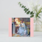 Vrouw bij het antiek schilderij van de lamp briefkaart (Staand voorkant)