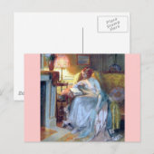 Vrouw bij het antiek schilderij van de lamp briefkaart (Voorkant / Achterkant)