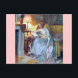 Vrouw bij het antiek schilderij van de lamp briefkaart<br><div class="desc">Dame lezen door de lamp.</div>