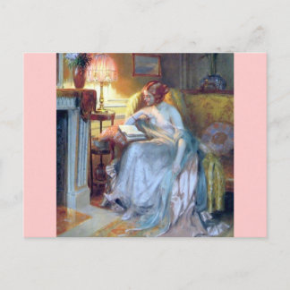 Vrouw bij het antiek schilderij van de lamp briefkaart