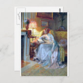 Vrouw bij het antiek schilderij van de lamp briefkaart (Voorkant / Achterkant)