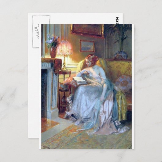 Vrouw bij het antiek schilderij van de lamp briefkaart (Voorkant / Achterkant)