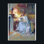 Vrouw bij het antiek schilderij van de lamp briefkaart<br><div class="desc">Dame lezen door de lamp.</div>