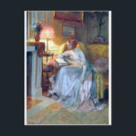 Vrouw bij het antiek schilderij van de lamp briefkaart<br><div class="desc">Dame lezen door de lamp.</div>