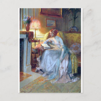 Vrouw bij het antiek schilderij van de lamp briefkaart