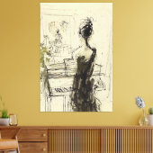 Vrouw bij Piano Sketch - Canvas Afdruk (Insitu (Woonkamer))