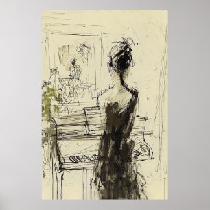 Vrouw bij Piano Sketch - Poster