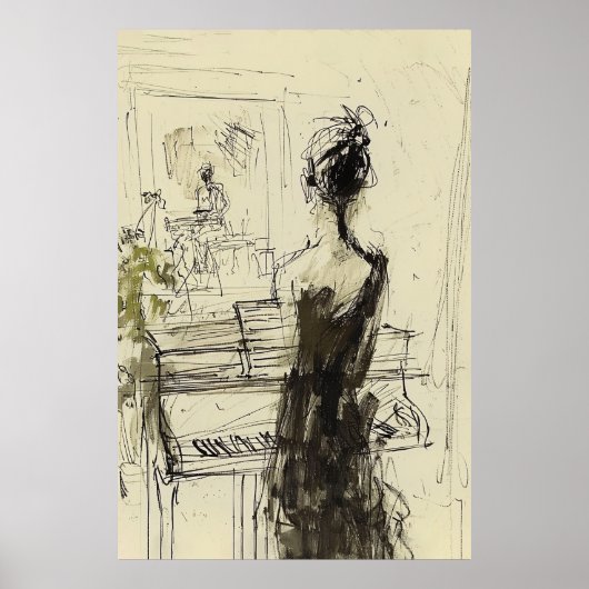 Vrouw bij Piano Sketch - Poster (Voorkant)