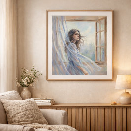 Vrouw bij raam zachte impressionistische stijlschi poster