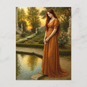 Vrouw bij vijvertje in de tuin bij zonsondergang briefkaart