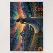 Vrouw bij zonsopgang Bloemenveld over Mountain Lak Legpuzzel (Verticaal)