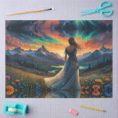 Vrouw bij zonsopgang Bloemenveld over Mountain Lak Tissuepapier (Craft)