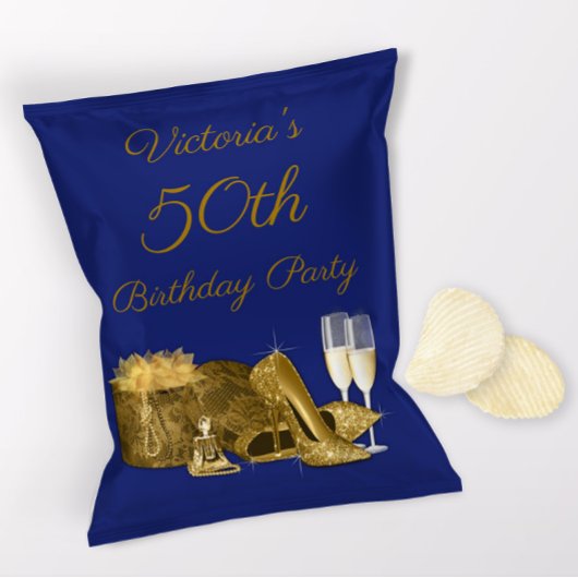 Vrouw Blauw Goud Verjaardagsfeest Chip Zak Wrapper Flyer