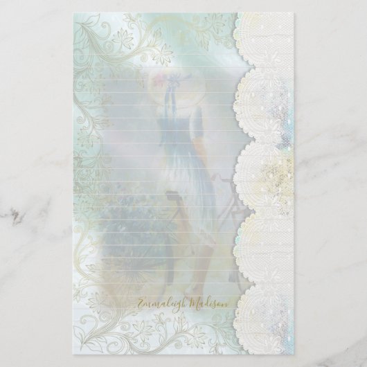 Vrouw Blauwe Jurk Rijden Bike Faux Lace Lined Briefpapier (Voorkant)