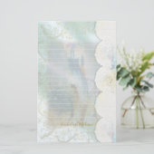 Vrouw Blauwe Jurk Rijden Bike Faux Lace Lined Briefpapier (Staand voorkant)