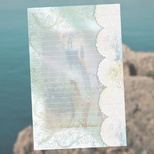 Vrouw Blauwe Jurk Rijden Bike Faux Lace Lined Briefpapier