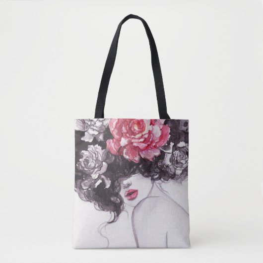 Vrouw Bloemen, Mode Waterverf Achtergrond. Tote Bag (Voorkant)