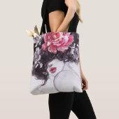 Vrouw Bloemen, Mode Waterverf Achtergrond. Tote Bag (Dichtbij)
