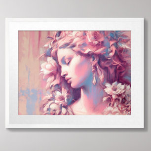 Vrouw Bloemen Roze Blauw Hard Pastel Tekening Poster