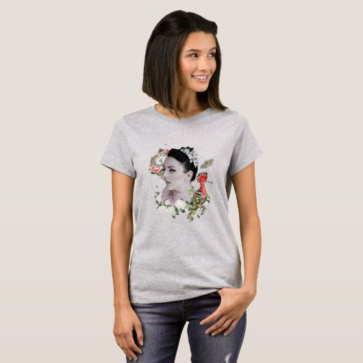 Vrouw Bloemen Vogelklok Collage T-shirt (Voorkant volledig)