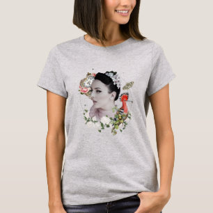 Vrouw Bloemen Vogelklok Collage T-shirt