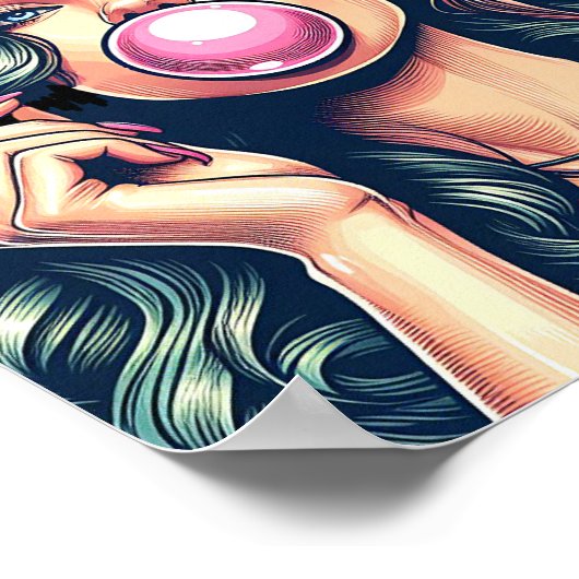 Vrouw Blowing Bubble gum bubble art Poster (Hoek)