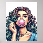 Vrouw Blowing Bubble gum bubble art Poster (Voorkant)