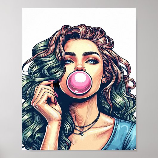 Vrouw Blowing Bubble gum bubble art Poster (Voorkant)