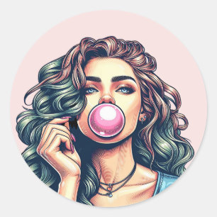 Vrouw Blowing Bubble gum bubble art Ronde Sticker