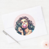 Vrouw Blowing Bubble gum bubble art Ronde Sticker (Envelop)