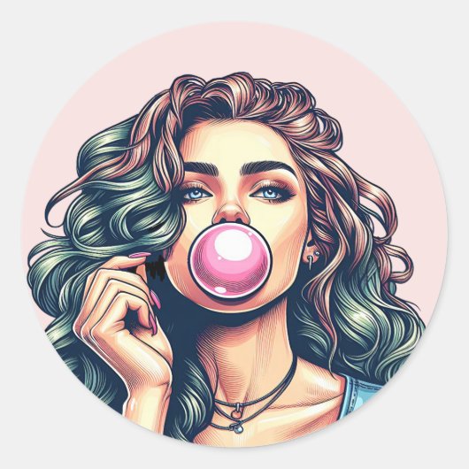 Vrouw Blowing Bubble gum bubble art Ronde Sticker (Voorkant)