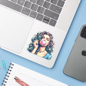 Vrouw Blowing Bubble gum bubble art Sticker (Laptop met iPhone)