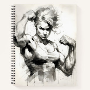 Vrouw Bodybuilder Flexing Haar Spieren Gym Meisje Notitieboek