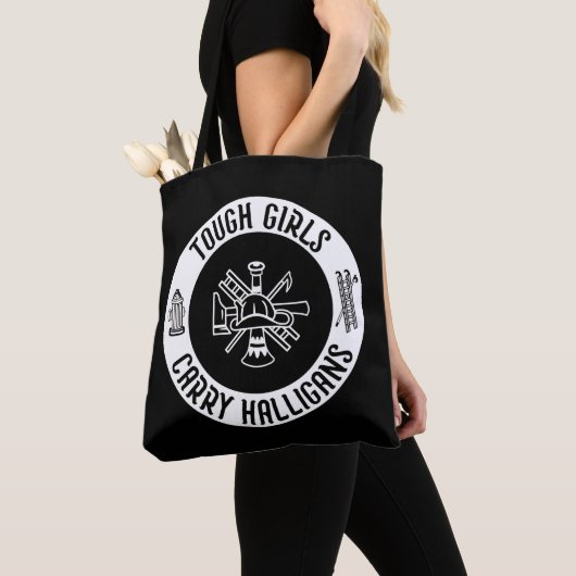 Vrouw brandweerman stoere meisjes dragen halligans tote bag (Dichtbij)