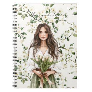 Vrouw Bruin Haar Witte Bloemen Tulpen Notitieboek