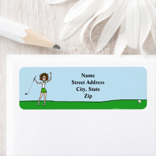 Vrouw Brunette Golfer Retouradreslabel Etiket (Insitu)