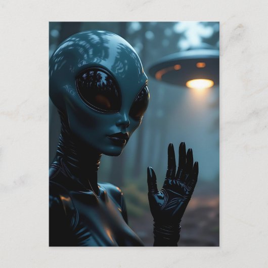 Vrouw buitenaardse alien en ufo briefkaart (Voorkant)