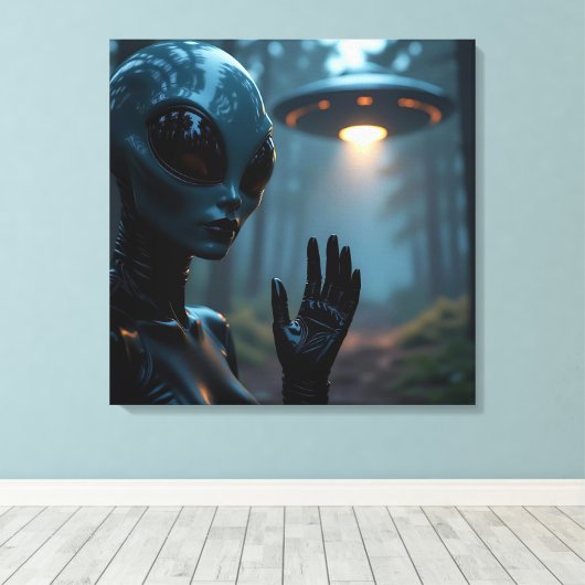 Vrouw buitenaardse wezens en UFO’s Canvas Afdruk (Insitu (Houten vloer))